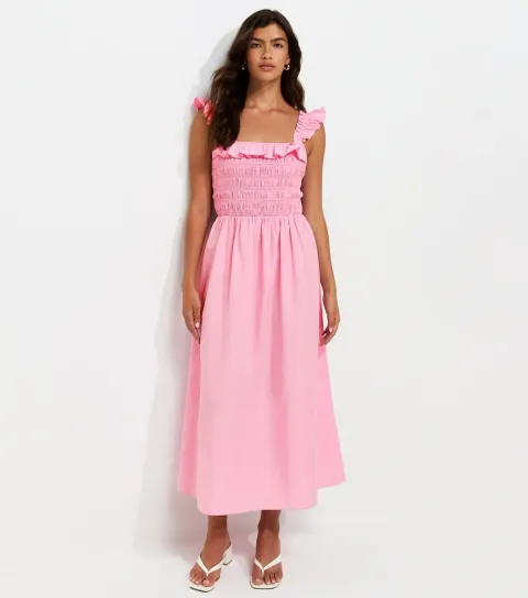 Women's Light Pink Cotton Tie Back Shirred Poplin Midi Dress