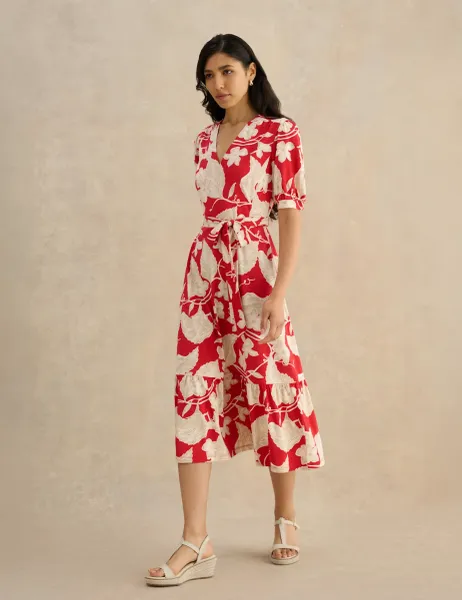 Hobbs Cotton Modal Jersey Floral Midi Waisted Dress Red Mix