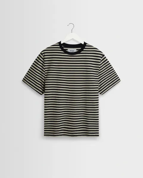 Dean - Navy and Ecru Striped Textured Organic Cotton t-Shirt