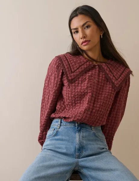 Pure Cotton Textured Collared Blouse Red