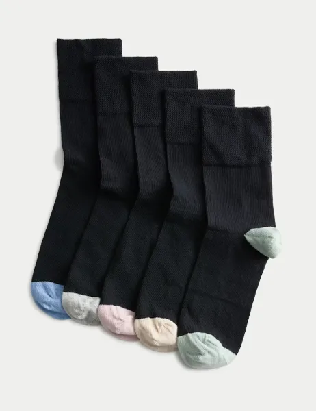 Marks & Spencer 5pk Cotton Rich Soft Top Ankle High Socks Black Mix
