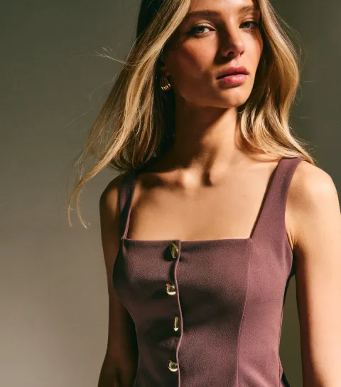 Women's Brown Square Neck Button Up Top