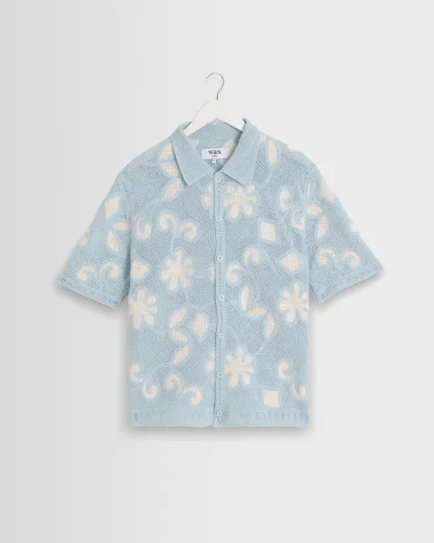 Porto - Pale Blue Doodle Crochet Knitted Shirt