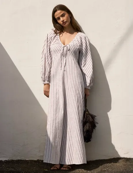 RO&ZO Pure Cotton Striped Tie Neck Maxi Dress Brown Mix