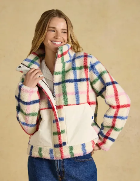 Joules Checked Borg Funnel Neck Fleece Cream Mix