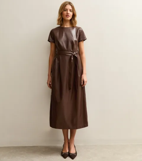 Women's Dark Brown Faux Leather Belted Midi Dress