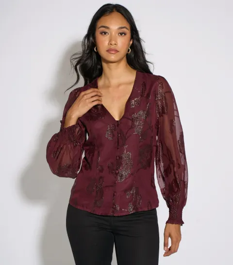 Gini London Women's Dark Burgundy Floral Lurex Blouse