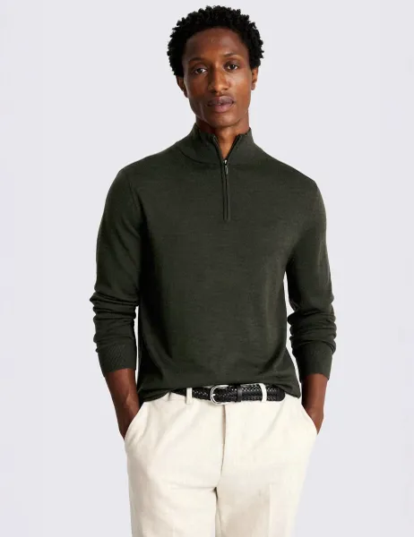 Moss Merino Wool Rich Funnel Neck Zip Jumper Khaki