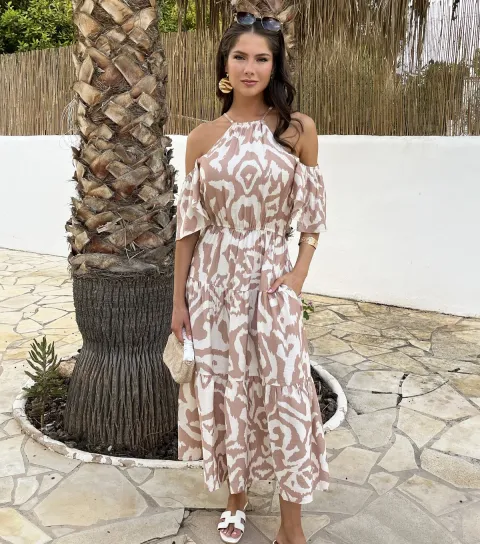 Women's Stone Abstract Print Cold Shoulder Midi Dress