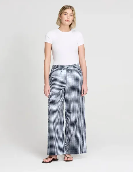 Finery London Pure Cotton Gingham Wide Leg Trousers Navy Mix