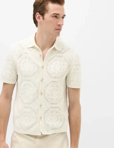 Marks & Spencer Cotton Rich Button Through Knitted Polo Shirt Natural Mix