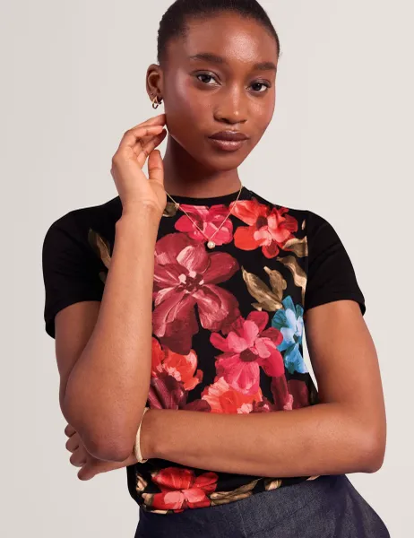 Ted Baker Floral Ruched Asymmetric Hem T-Shirt Black