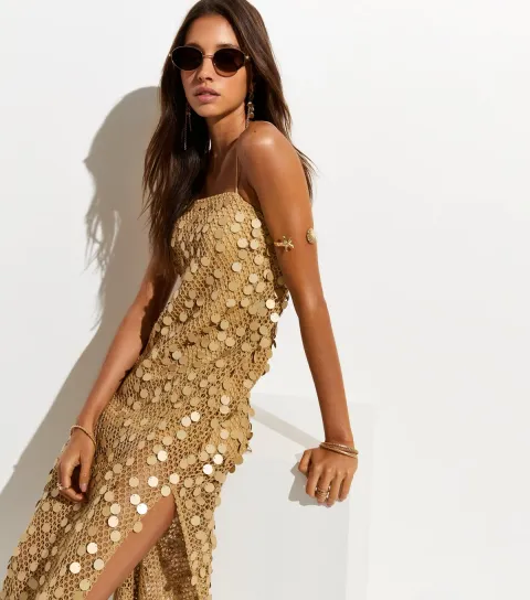 Women's Gold Sequin Mesh Maxi Beach Dress