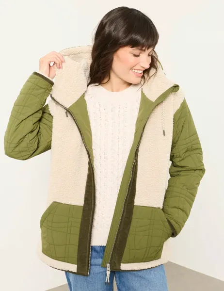 Borg Quilted Hooded Zip Through Jacket Green