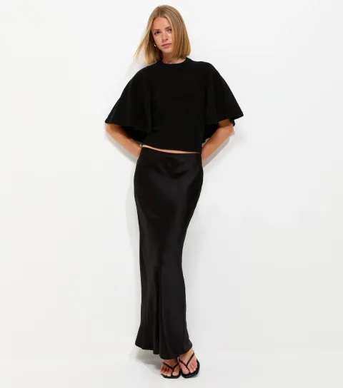 Women's Black Satin Bias Cut Midi Skirt
