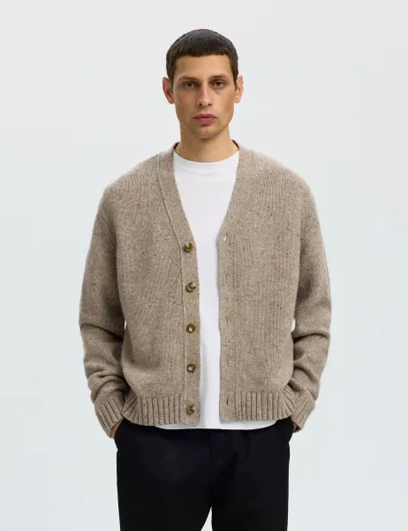 Selected Wool Rich Textured V-Neck Cardigan Oatmeal