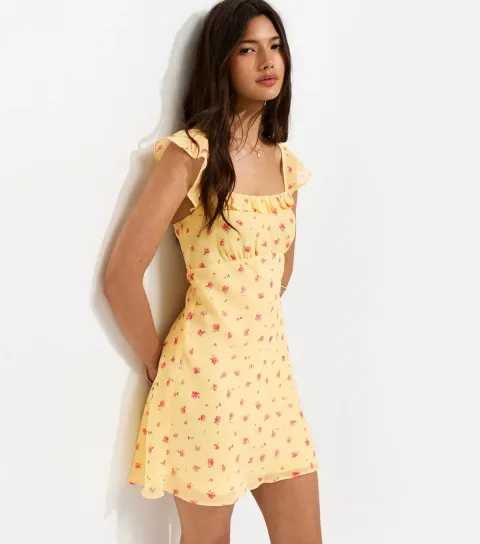 Women's Yellow Ribbed Chiffon Floral Print Flutter Sleeve Mini Dress