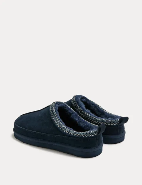 Marks & Spencer Suede Collared Embroidered Mule Slippers Navy