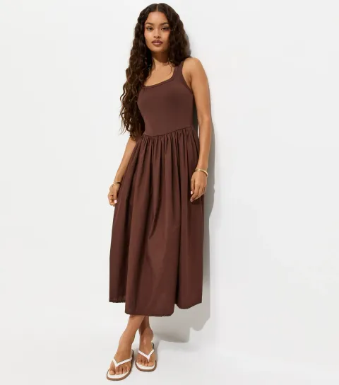 Women's Petite Dark Brown Cotton 2 In 1 Poplin Midi Dress