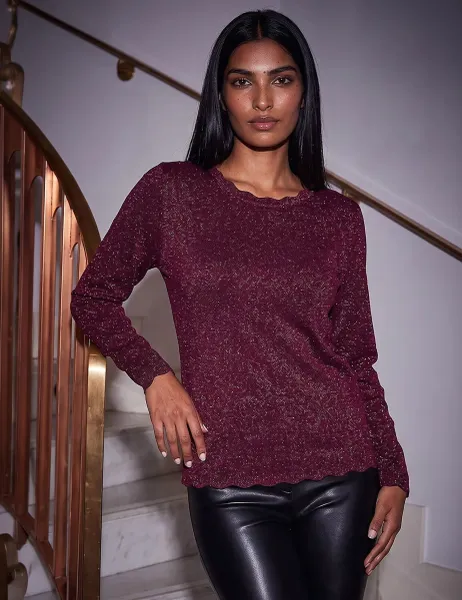Roman Rayon Rich Sparkly Scallop Edge Jumper Burgundy Mix