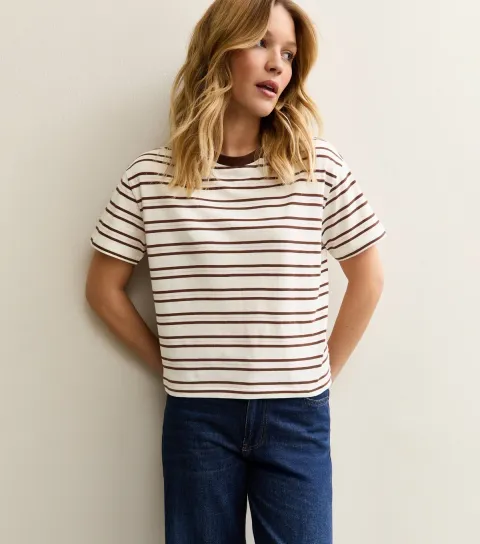 Women's Brown Cotton Striped Boxy T-Shirt