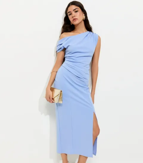 Women's Light Blue Draped Fallen Shoulder Midi Dress