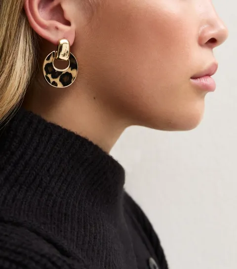 New Look Gold Tone Leopard Print Circle Stud Drop Earrings