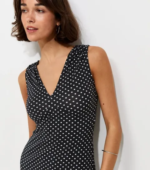 Women's Black Polka Dot Ruched Shoulder V-Neck Midi Dress