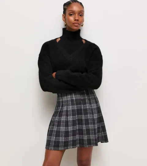 New Look Women's Black Check Ponte Pleated Mini