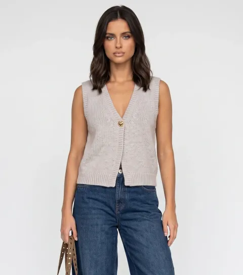 Urban Bliss Women's Cream Single Button Sleeveless Knitted Vest