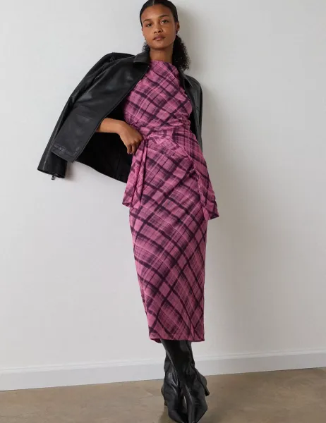 Whistles Mesh Checked Ruched Midi Column Dress Pink Mix