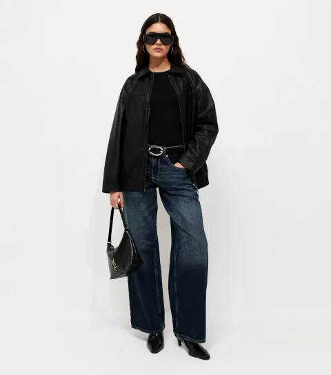 Women's Black Washed Effect Faux Leather Oversized Jacket