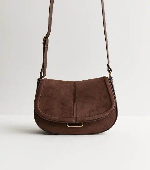Brown Faux Suede Saddle Shoulder Bag