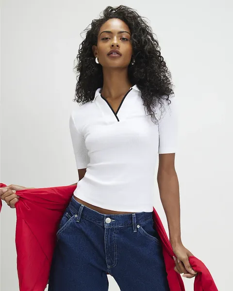River Island Cotton Blend Ribbed Polo Top