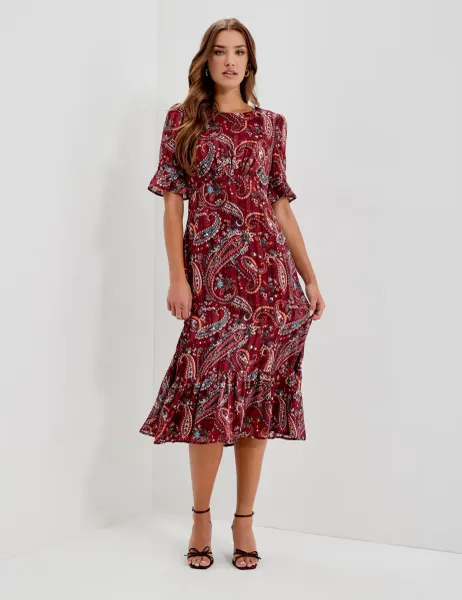 Finery London Chiffon Paisley Round Neck Keyhole Midi Dress