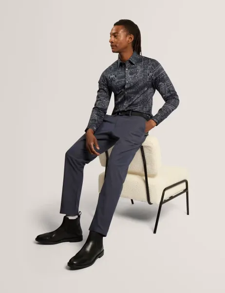 Ted Baker Slim Fit Cotton Rich Check Suit Trousers Navy