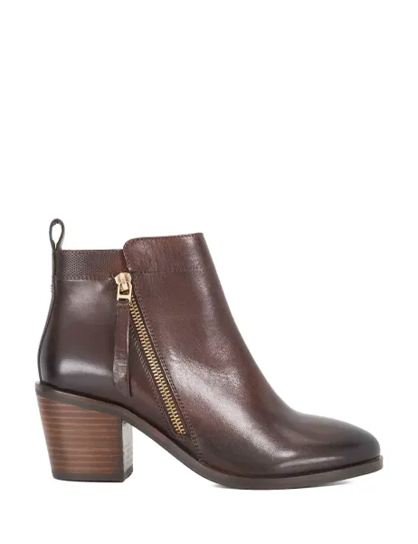 Dune London Leather Block Heel Wide Fit Ankle Boots Brown
