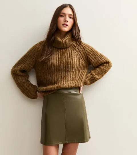 Women's Khaki Faux Leather A-line Mini Skirt