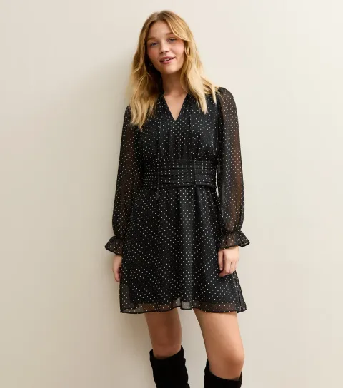 Women's Black Polka Dot Waisted Chiffon Mini Dress