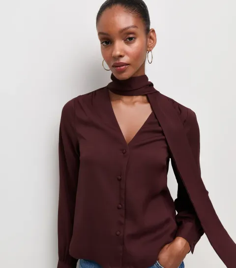 Women's Dark Burgundy Woven Pussybow Blouse