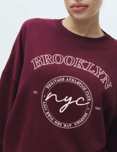 Marks & Spencer Cotton Rich Embroidered Loopback Sweatshirt Burgundy