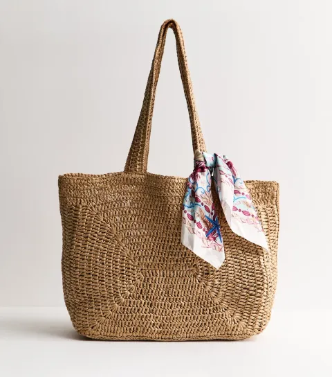 Stone Oversized Woven Tote with Scarf