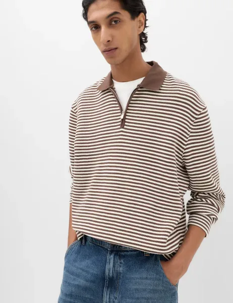 Marks & Spencer Pure Cotton Half Zip Striped Polo Shirt Dark Brown