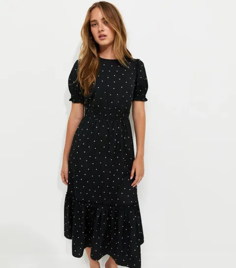 Women's Black Polka Dot Tiered Short Sleeve Midi Dress