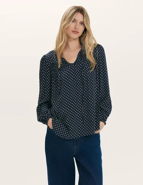 Finery London Kiya Crepe Spot Print Tie Neck Blouse Navy Mix