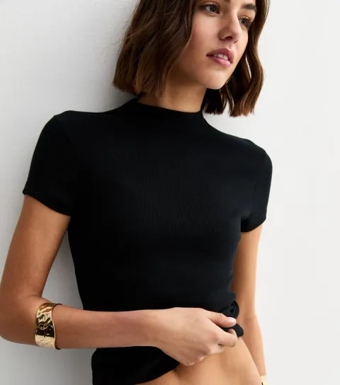 New Look Women's Premium Black Ribbed Grown On Sleeves Top