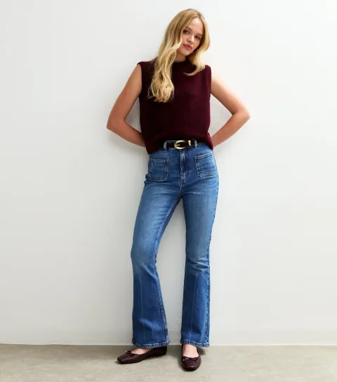 New Look Women's Blue Patch Pocket Flared Denim Jeans