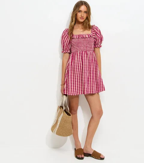 Women's Red Gingham Short Sleeve Shirred Frill Mini Dress