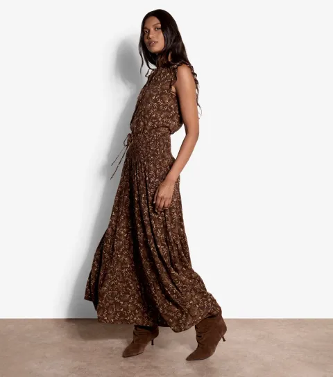Women's Brown Paisley Vines Print Maxi Skirt