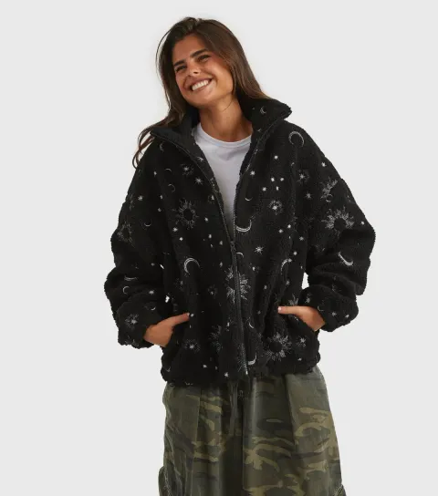 Women's Black Celestial Pattern Borg Fleece Jacket